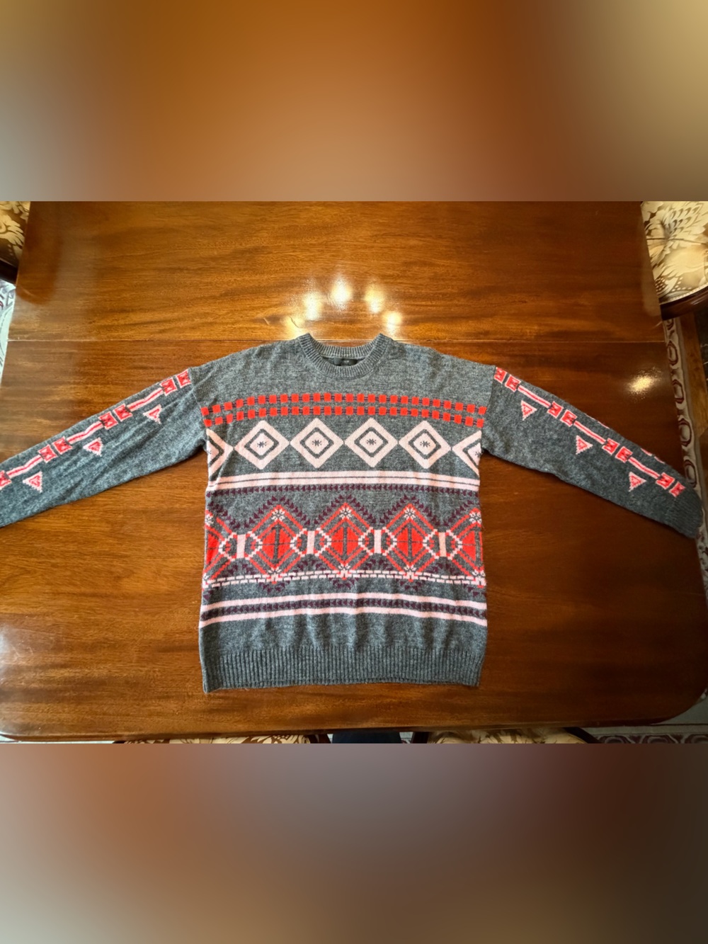 J. Crew Gray Crewneck Sweater with Red and Light Pink Fair Isle